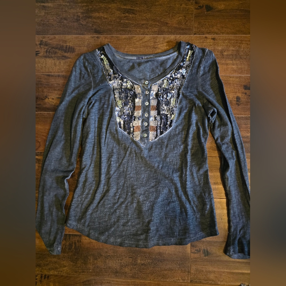 BOGO Free People Gray Sequin Long Sleeve Top